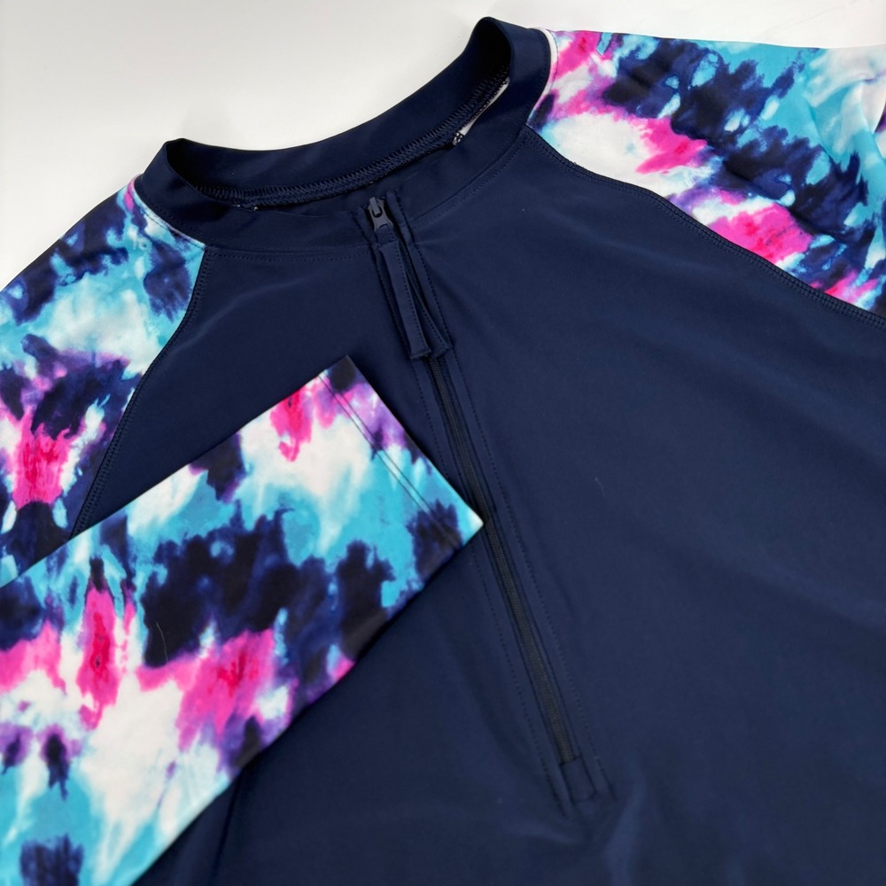 Free Country Women Rash Guard Size L 12/14 Navy Tie Dye Long Sleeve Quarter Zip